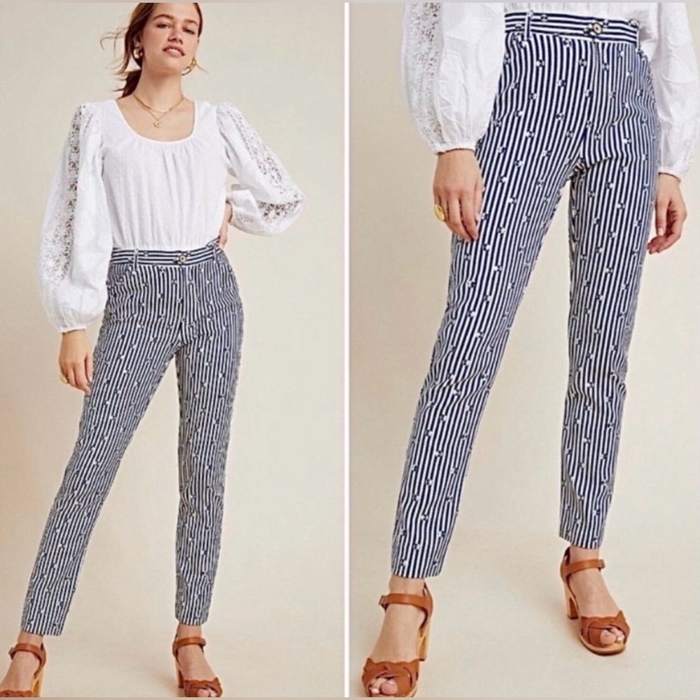 Anthropologie essential slim navy white stripe preppy cotton lightweight pants 8